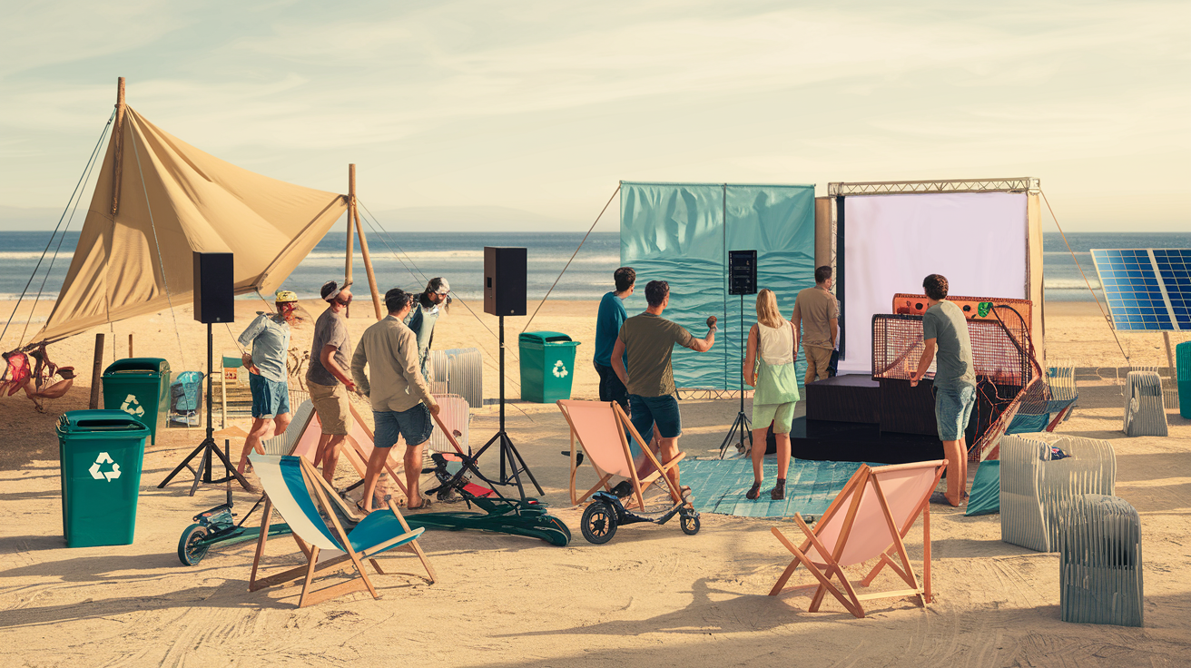 Um set de filmagem lúdico na praia com uma equipe diversa de pessoas e equipamentos sustentáveis. Inclua elementos que indiquem reciclagem e transporte elétrico para a equipe. A cena deve ser animada e envolvente, usando cores pasteis em bege, cinza e gelo para criar uma atmosfera harmoniosa e ecologicamente correta.